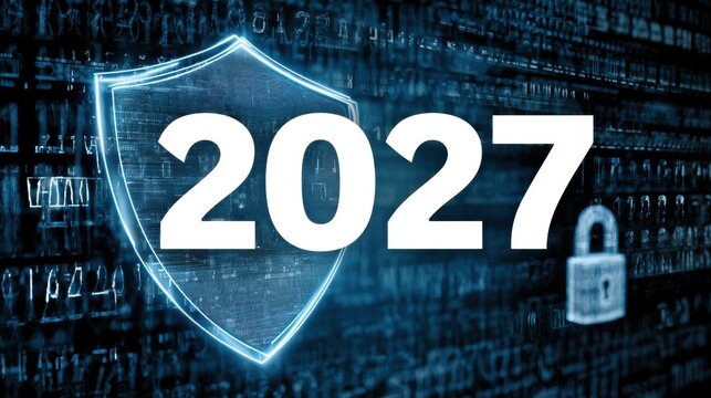 Futuristic digital security concept showing illuminated shield and lock with year 2027 over matrix background symbolizing cyber protection and data safety in future