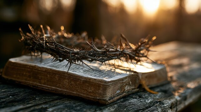 Old worn book resting on wooden surface with a crown of thorns placed on top in warm golden sunset light symbolizing faith sacrifice and spirituality