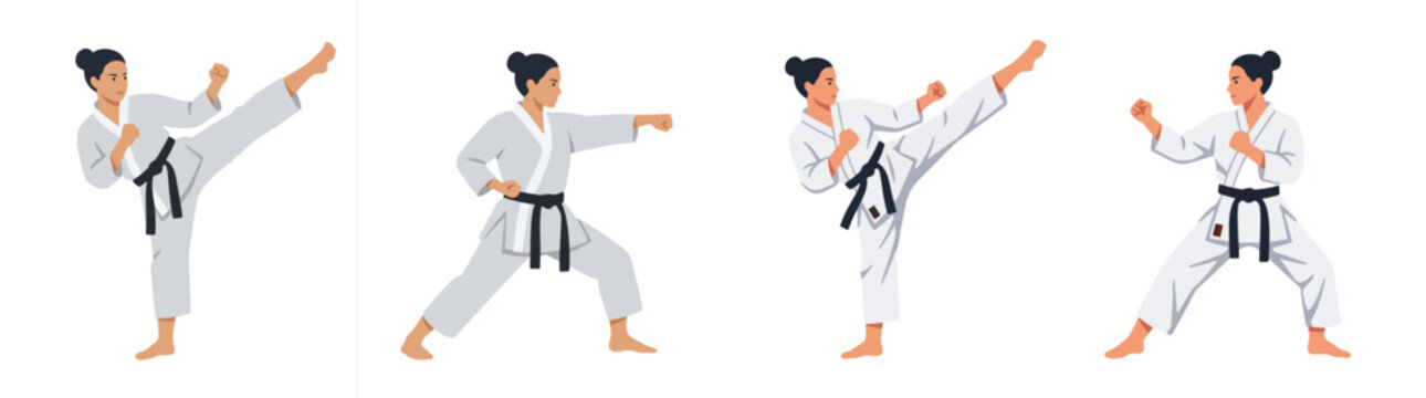 Set of young female karate martial artist figures in various fighting stances performing high kicks and punches in traditional uniform