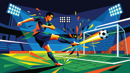 Dynamic football player striking the ball powerfully towards the goal net in a brightly lit stadium arena during a competitive championship match with colorful geometric shapes. © VectaNoor