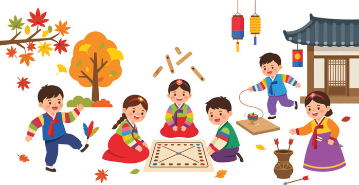 Happy children wearing traditional Korean hanbok clothing playing cultural folk games yut nori tuho and jegichagi together during beautiful autumn chuseok festival celebration.