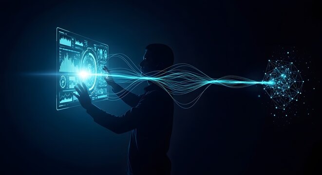 Man interacting with futuristic digital interface.