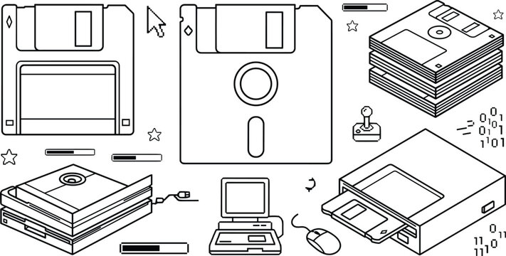 Vintage floppy disk storage and retro computer line art vector illustration icon collection