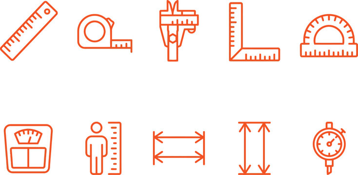 Set of editable stroke icons featuring precision measuring tools and industrial instruments