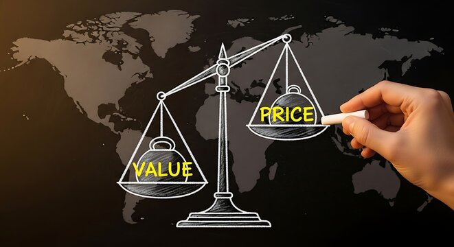 Value vs price scale drawing. Hand balancing economic concepts on a chalkboard map.