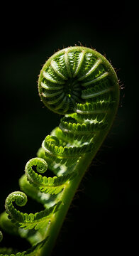 Close-up of green fern frond with spiral pattern