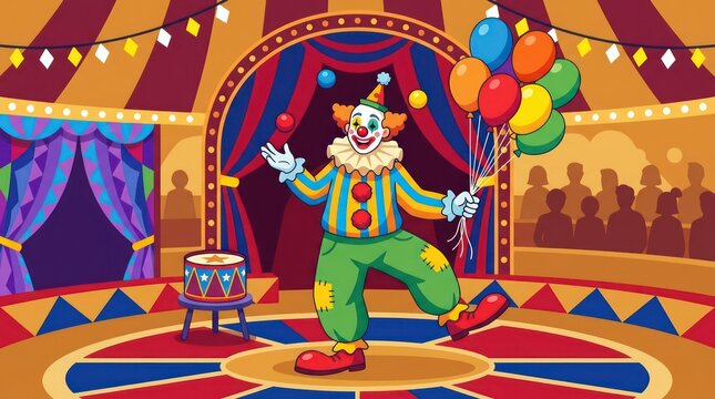 Clown performing in colorful circus tent.