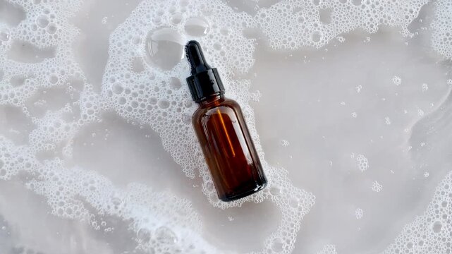 Bottle with a pipette for collagen serum, oil, toner on water texture background surface with bubbles of white soapy foam. Medical skin care. Packaging for design, advertising of a cosmetic product.4k
