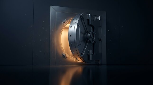 Heavy metal bank vault door slightly open with glowing warm light from inside representing security protection and financial wealth in a dark room setting for business safety concept