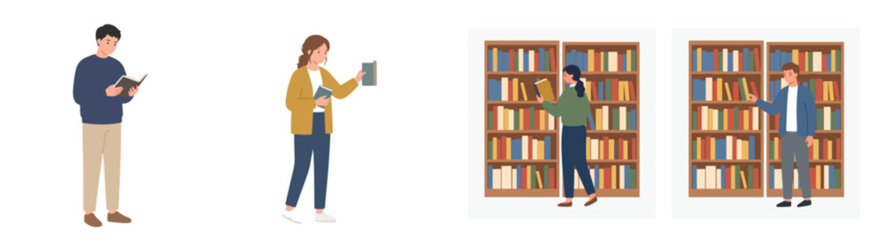 Flat Vector Collection Featuring Diverse People Reading Books and Selecting Educational Literature from Library Shelves for Academic Research