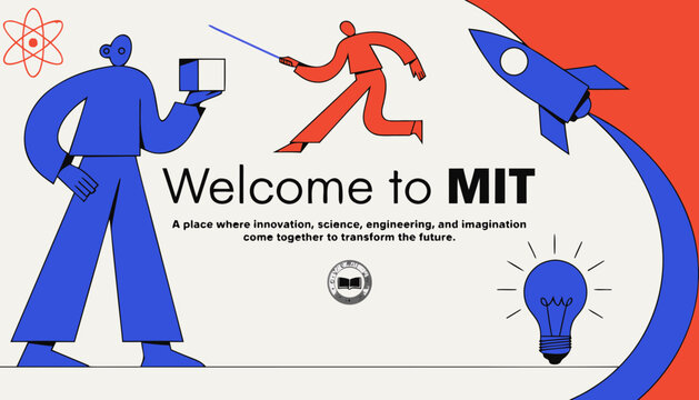 Very beautiful realistic vector illustration of the famous MIT campus entrance featuring a bold modern sign reading "WELCOME TO MIT", the Great Dome, futuristic academic style, and innovative technolo