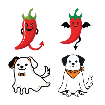 Devil chili pepper and ghost dog characters for halloween holiday season festive graphic design projects and fun sticker collection development