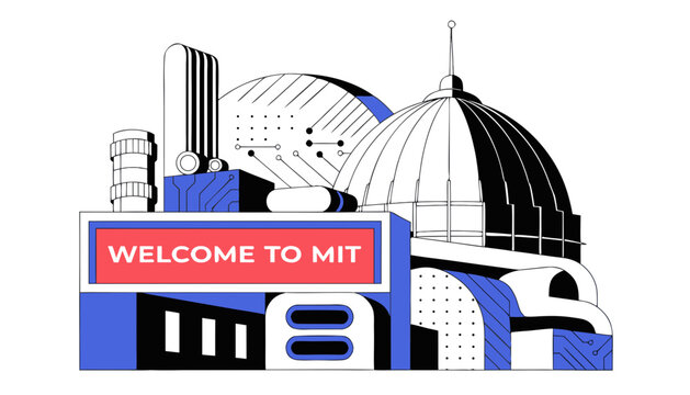 Very beautiful realistic vector illustration of the famous MIT campus entrance featuring a bold modern sign reading "WELCOME TO MIT", the Great Dome, futuristic academic style, and innovative technolo
