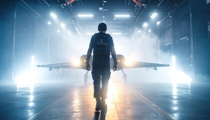 Fototapeta premium Pilot Walking Towards Jet in Hangar with Bright Lights.