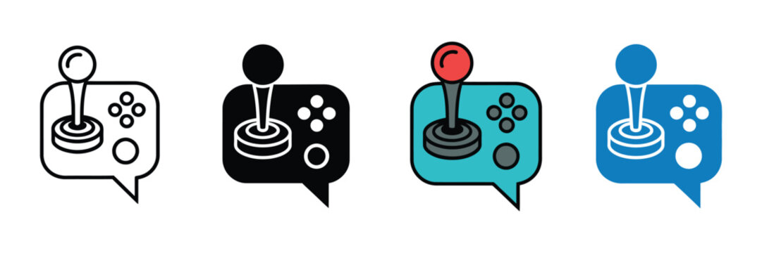 Gaming chat bubble icons featuring joystick and speech bubble symbols with clean minimalist vector graphics for esports communication, gamer communities, live streaming, online forums, and gaming appl