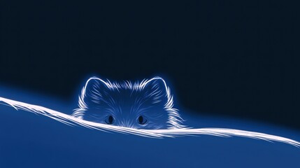 Fototapeta premium An arctic fox looks over a snowy ridge, its eyes and ears are the only visible parts in a blue neon glow on a dark winter night.
