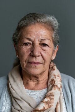 headshot of an Old woman looking at the camera on gray background