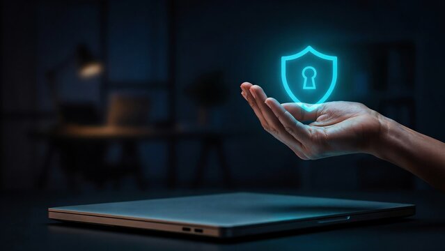 Cybersecurity technology concept of a human hand holding glowing shield icon for data privacy and network protection over laptop computer