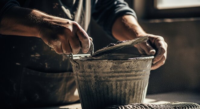 A person stirs a bucket of building material in a workshop filled with light from the window
