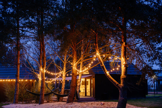 Cozy modern tiny cabin with glowing string lights and hammocks among trees at blue hour