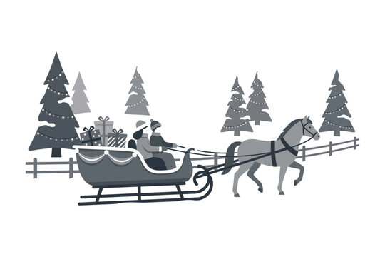 A horse drawn sleigh carrying two people and gifts through a snowy landscape.
