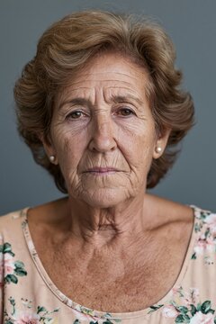 headshot of an Old woman looking at the camera on gray background