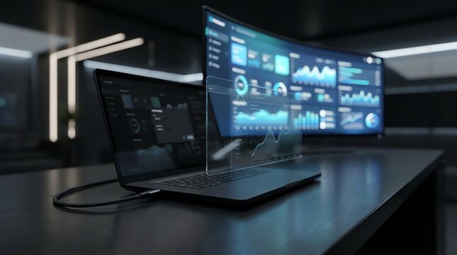 Modern laptop and curved monitor displaying complex data analytics dashboards with holographic charts in a dark professional corporate office setting.