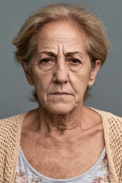 headshot of an Old woman looking at the camera on gray background