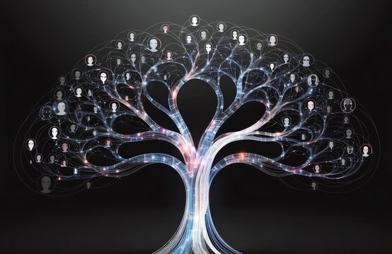 Futuristic family tree made from luminous data branches and profile icons