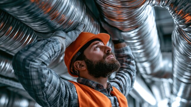Construction worker in orange safety vest and helmet inspecting modern metallic ventilation duct system in building infrastructure under ceiling with focused expression