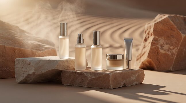Luxury skincare products arranged on natural stone pedestals with soft desert sand background.