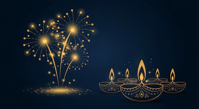 Diwali festival background with golden diya lamps and fireworks illustration
