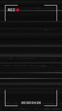 VHS vertical glitch record effect retro camcorder overlay static. The dark monochrome layout includes a pixelated "REC" text indicator, camera viewfinder corners, and a running digital timecode