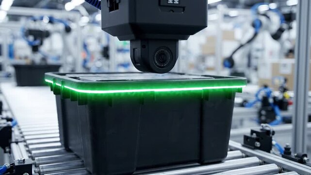 Robotic camera system captures black storage container on conveyor belt in automated warehouse, showcasing advanced technology and efficient logistics operations