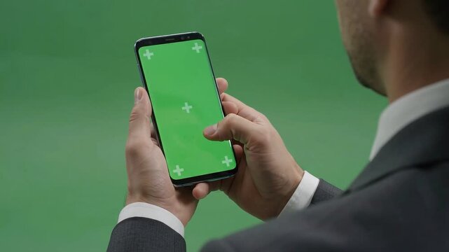 Man holds phone with green screen against plain backdrop