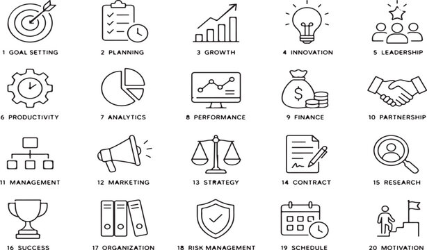 Set of twenty business and management doodle icons on white background Vector