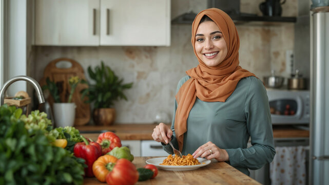 Warm smile lights up Arabian woman's face. She wears a soft orange hijab and green top. Fingers hold tongs over a bowl of pasta. Fresh vegetables line the wooden countertop