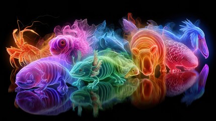 Fototapeta premium Bright neon animals fill the space, showing a mix of unique species in a range of colors with no background distractions.