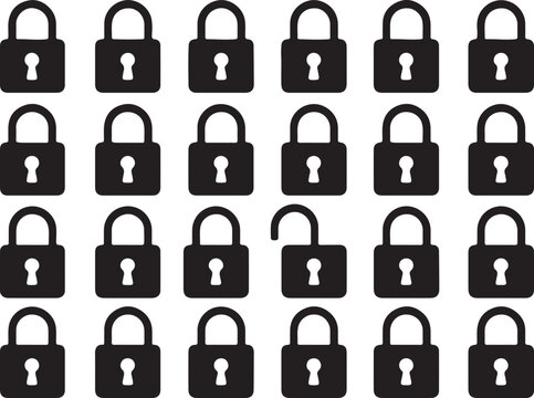 Set of black padlock icons with one unlocked lock in the middle Vector