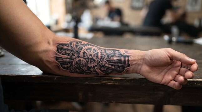 Close Up of Blackwork Mechanical Forearm Tattoo on Adult Arm