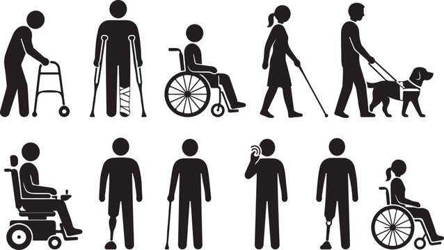 Set of black stick figure icons representing people with various disabilities Vector