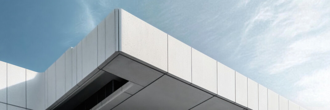 The exterior wall of a contemporary commercial style building with aluminum metal composite panels and glass windows