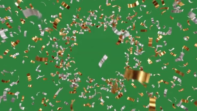 Golden and silver confetti swirls against a vibrant green backdrop