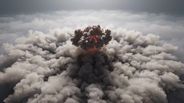 Bright explosion erupts from clouds, creating a large mushroom cloud of smoke and debris, with a backdrop of a cloudy sky and sunlight breaking through