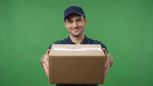 Friendly delivery man holds cardboard box
