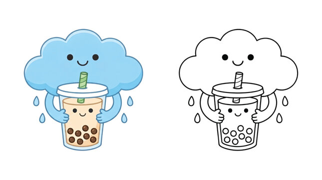 Cute cartoon cloud holding boba bubble tea line and color. Vector illustration for kids coloring page.