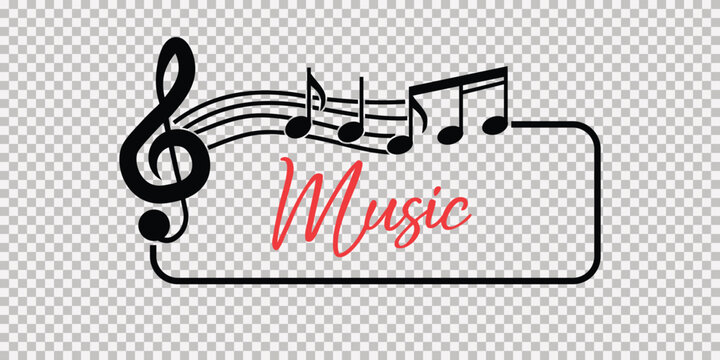 Music logo design with treble clef, musical notes and handwritten text on a rectangular frame