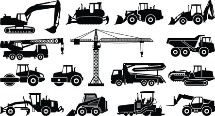 Obraz premium Construction Vehicle Silhouette Icon Set Featuring Excavators, Cranes, Trucks, and Heavy Machinery