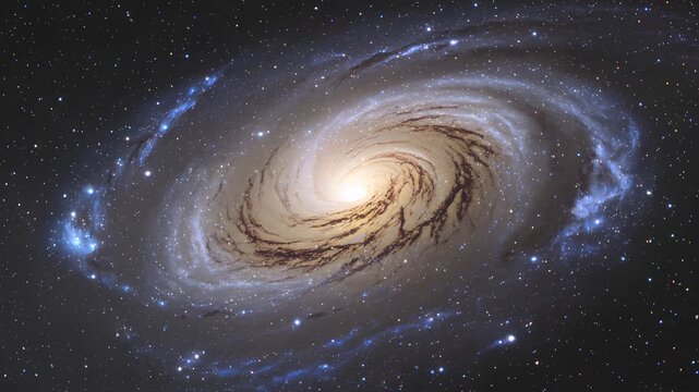 Spiral galaxy with glowing arms and dense star clusters in deep space. Cosmic stellar rotation in the vast universe for astronomical and scientific research