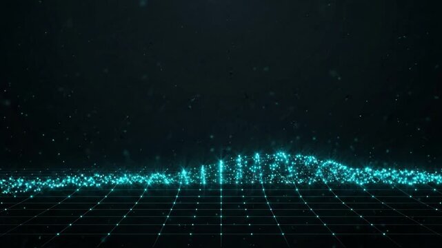 Abstract digital data visualization with glowing blue particles and grid landscape on dark background, featuring large negative space for text placement